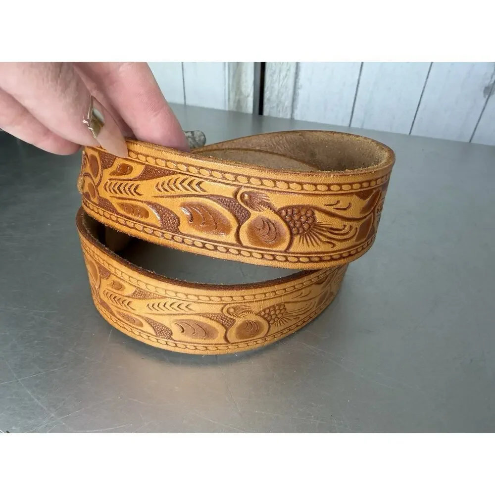 Vintage Sand Sage Cowboy Boots Belt Buckle Nickel Silver Hand Tooled Leather 34